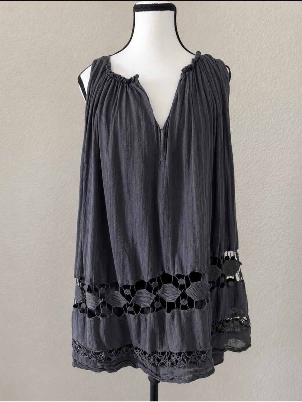 Free People One FP One Costa Brava Grey Boho Mini Babydoll Dress w Slip Size M